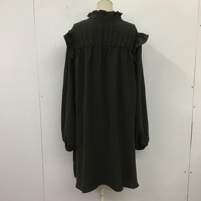 ザラ ZARA ワンピース ひざ丈スカート 0387 169 505 スタンドネック フリル 長袖 L 無地 カーキ / カーキ /  レディース USED 古着 中古 10109505
