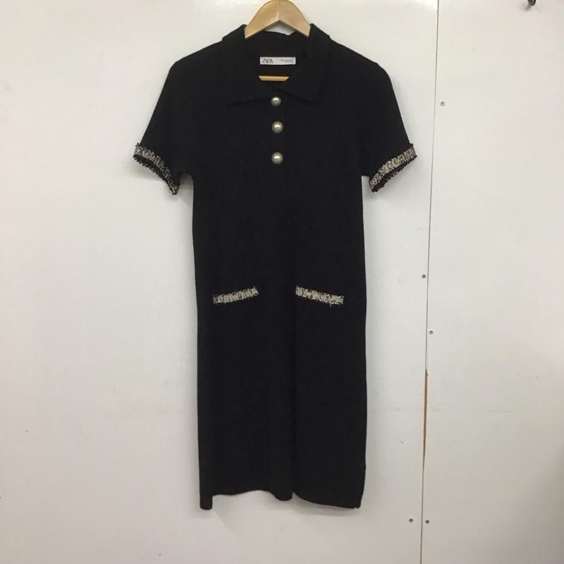 ザラ ZARA ワンピース ひざ丈スカート 6254 011 800 襟付きワンピース ニットワンピース 半袖 M 無地 黒 / ブラック /  レディース USED 古着 中古 10146931