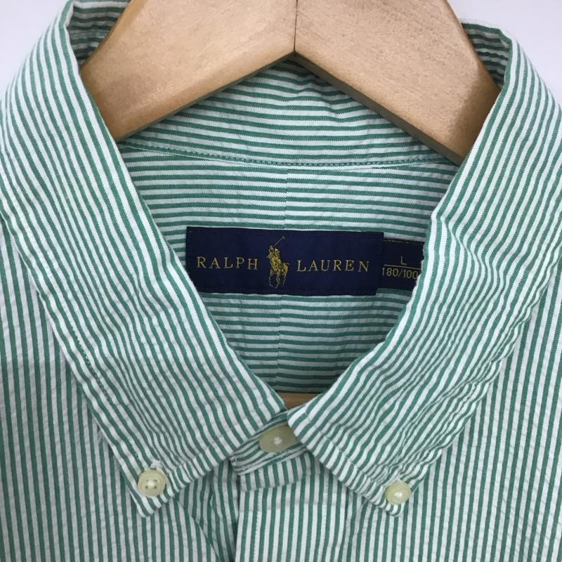 ラルフローレン RALPHLAUREN シャツ、ブラウス 半袖 半袖シャツ チェックシャツ ボタンダウンシャツ L ボーダー柄 白 / ホワイト / X 薄緑 / ライトグリーン /  メンズ USED 古着 中古 10148139