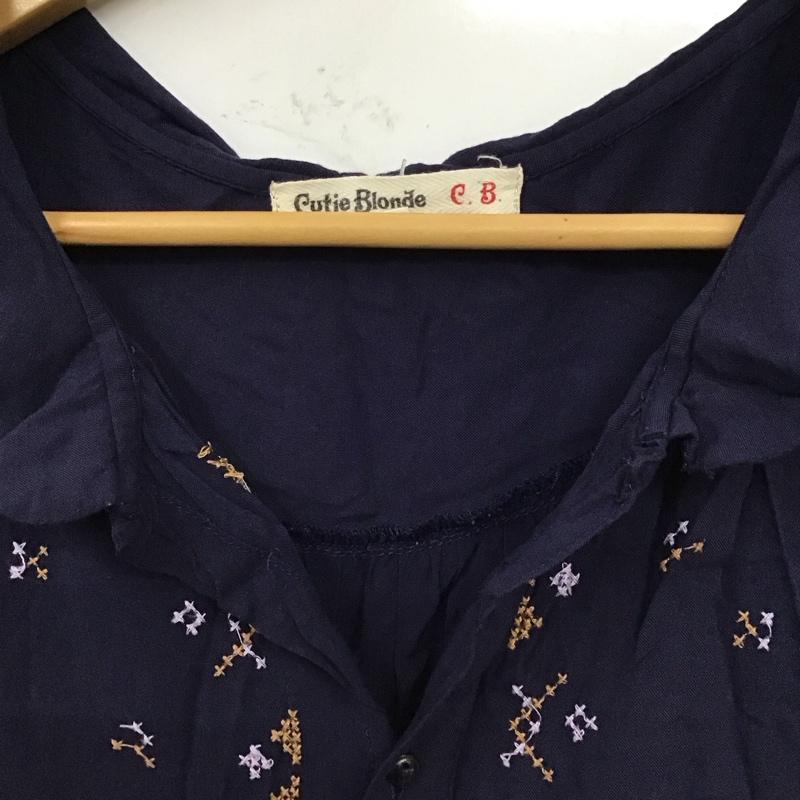 キューティーブロンド Cutie Blonde ワンピース ロングスカート 256-58058 フレンチスリーブ 前開き L 刺繍 紺 / ネイビー /  レディース USED 古着 中古 10119270
