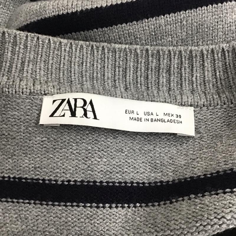 ザラ ZARA ニット、セーター 長袖 クルーネック L ボーダー柄 灰 / グレー / X 紺 / ネイビー /  レディース USED 古着 中古 10121877