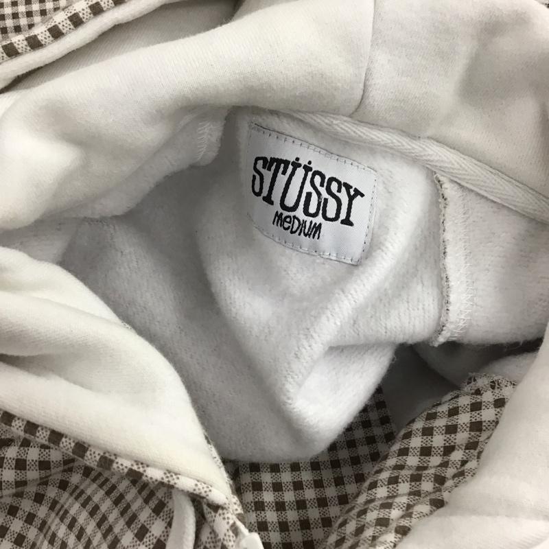 ステューシー STUSSY パーカー 長袖 ジップパーカー M チェック X ロゴ、文字 白 / ホワイト / X 茶 / ブラウン /  メンズ USED 古着 中古 10120536