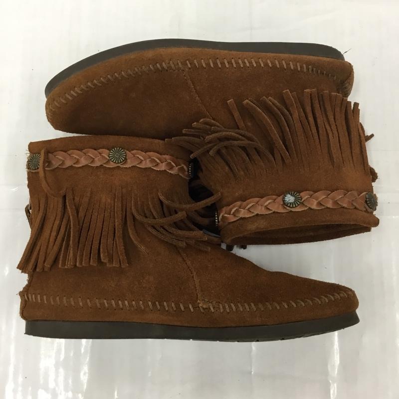 ミネトンカ Minnetonka ブーツ ショートブーツ 292X バックジップブーツ earth music&ecology コラボ フリンジ 無地 茶 / ブラウン /  レディース USED 古着 中古 10105965