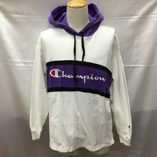 チャンピオン Champion パーカー 長袖 c8-n415 パーカー 長袖カットソー プリントTシャツ M ロゴ、文字 白 / ホワイト / X 紫 / パープル /  メンズ USED 古着 中古 10108456