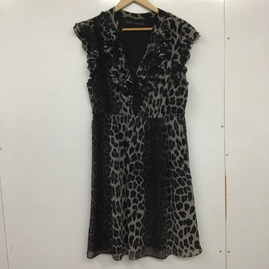 ザラ ZARA ワンピース ひざ丈スカート ノースリーブ フリル L ヒョウ柄・レオパード柄 黒 / ブラック / X 灰 / グレー /  レディース USED 古着 中古 10138647
