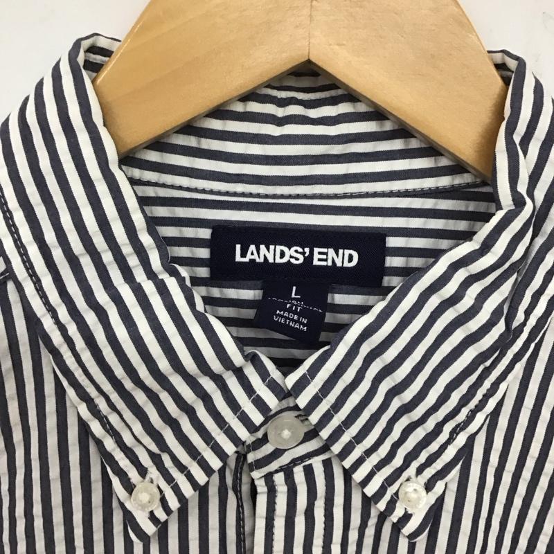 ランズエンド LANDS END シャツ、ブラウス 半袖 半袖シャツ ストライプシャツ ボタンダウンシャツ L ストライプ 白 / ホワイト / X 紺 / ネイビー /  メンズ USED 古着 中古 10135488