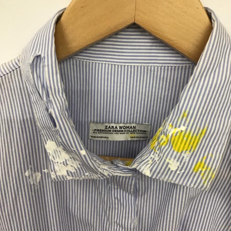 ザラ ZARA シャツ、ブラウス 七分袖 8566 244 400 ペイント M ストライプ 白 / ホワイト / X 水色 / ライトブルー /  レディース USED 古着 中古 10131102