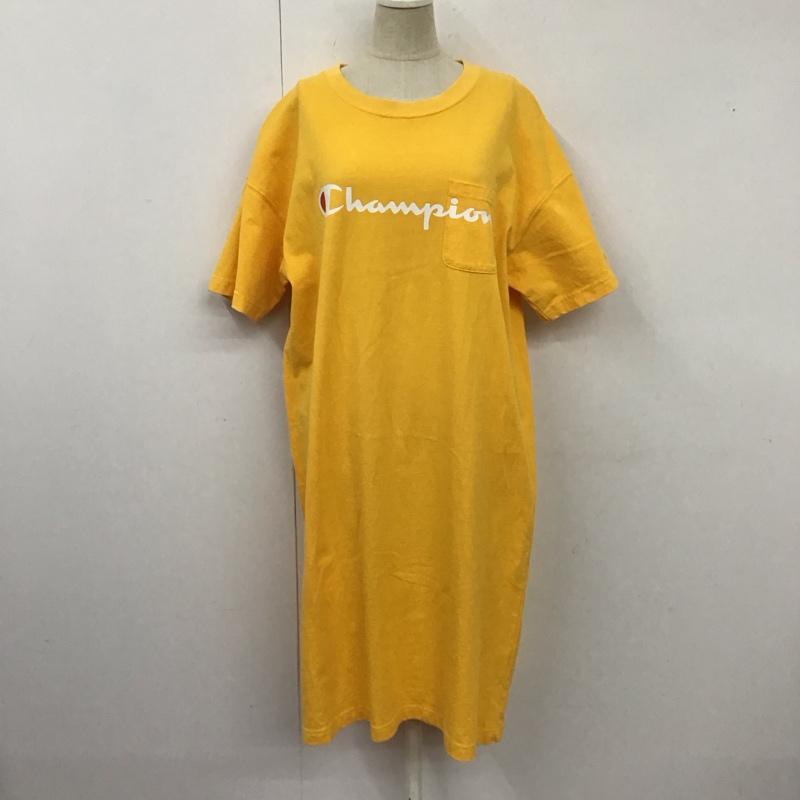 チャンピオン Champion ワンピース ひざ丈スカート CWSP30C Tシャツワンピース カットソー FREE ロゴ、文字 黄 / イエロー /  レディース USED 古着 中古 10120240