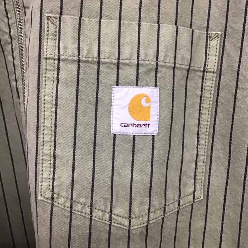 カーハート Carhartt シャツ、ブラウス 半袖 半袖シャツ ストライプシャツ ジップアップカラーシャツ XL ストライプ カーキ / カーキ /  メンズ USED 古着 中古 10133686