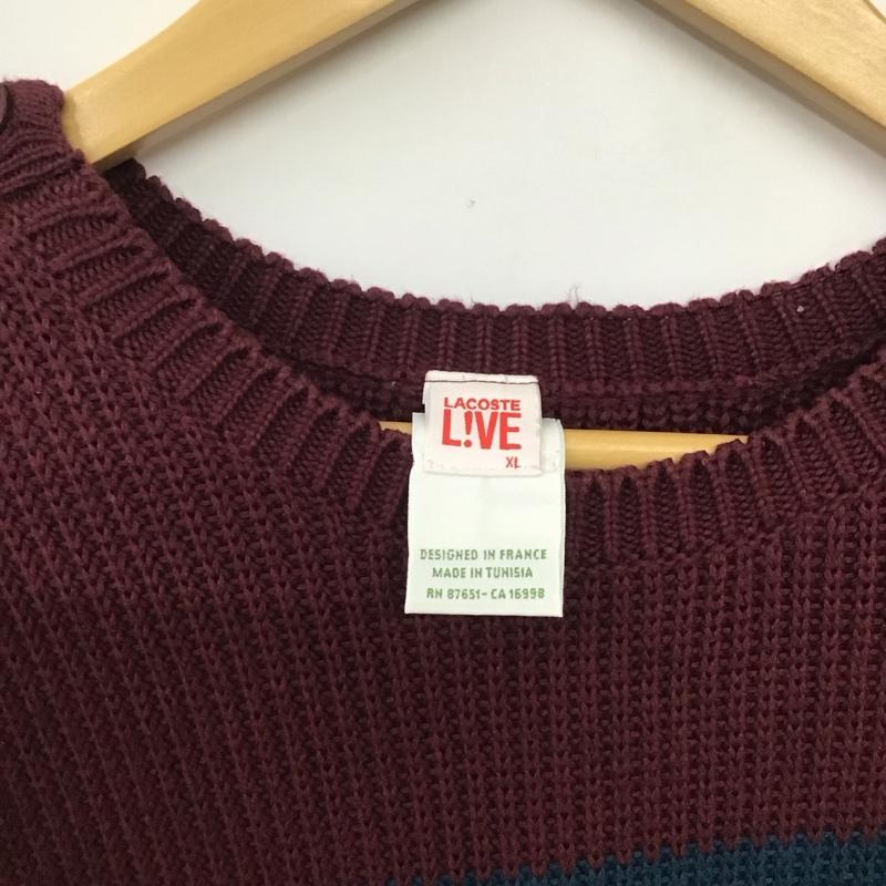 ラコステ ライブ LACOSTE L!VE ワンピース ロングスカート 長袖ニットワンピース ロングスカート クルーネック XL ボーダー柄 えんじ / ワインレッド / X 紺 / ネイビー /  レディース USED 古着 中古 10145119