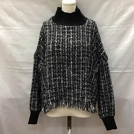 ザラ ZARA ニット、セーター 長袖 3440 250 800 モックネック フリンジ XS チェック 黒 / ブラック / X 白 / ホワイト /  レディース USED 古着 中古 10118431