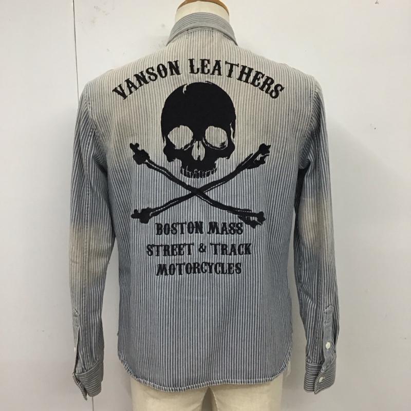 ヴァンソン VANSON シャツ、ブラウス 長袖 長袖シャツ カラーシャツ ポケットシャツ 長袖カットソー ストライプシャツ M ロゴ、文字 インディゴ / インディゴ /  メンズ USED 古着 中古 10120035