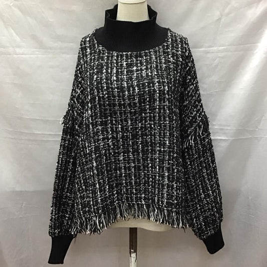 ザラ ZARA ニット、セーター 長袖 3440 252 800 モックネック フリンジ M  黒 / ブラック / X 白 / ホワイト /  レディース USED 古着 中古 10118444