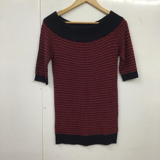 セシルマクビー CECIL McBEE ニット、セーター 半袖 半袖ニット ワイドネック ニットカットソー M 総柄 紺 / ネイビー / X 赤 / レッド /  レディース USED 古着 中古 10136255