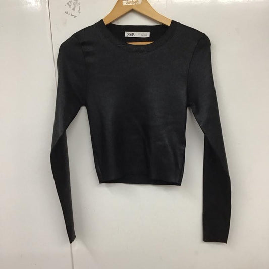 ザラ ZARA カットソー 長袖 2142 199 800 クルーネック クロップド丈 S 無地 黒 / ブラック /  レディース USED 古着 中古 10129163