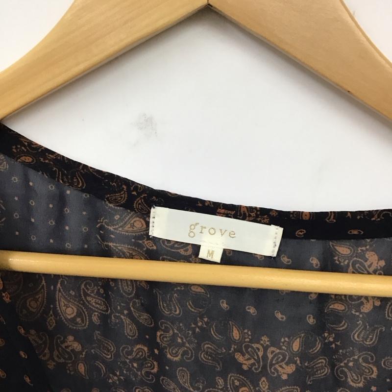 グローブ grove ワンピース ロングスカート 768-33300 Vネック シアー 前開き 七分袖 M 総柄 紺 / ネイビー / X 橙 / オレンジ /  レディース USED 古着 中古 10119206