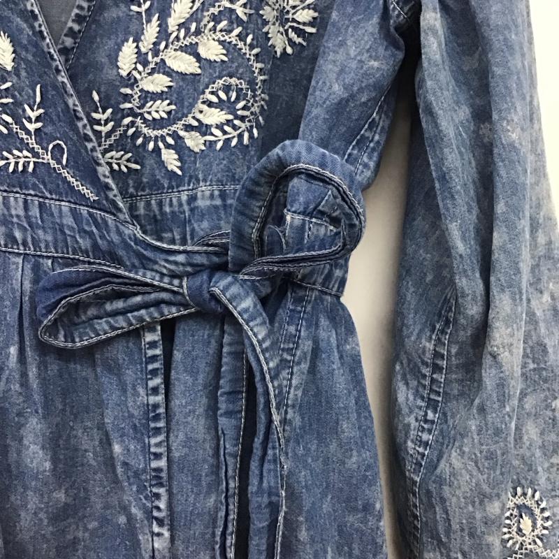 フリークスストア FREAK S STORE ワンピース ロングスカート 長袖ロングワンピース ノーカラーシャツワンピース フレアスカート FREE 刺繍 インディゴ / インディゴ /  レディース USED 古着 中古 10146122