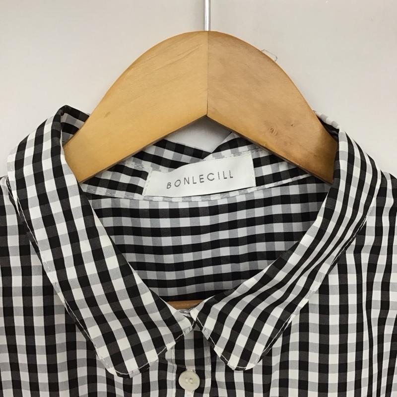 ボンルシール BONLECILL シャツ、ブラウス 半袖 BLEsh1243 丸襟ボリュームスリーブオーバーシャツ FREE チェック 白 / ホワイト / X 黒 / ブラック /  レディース USED 古着 中古 10150815