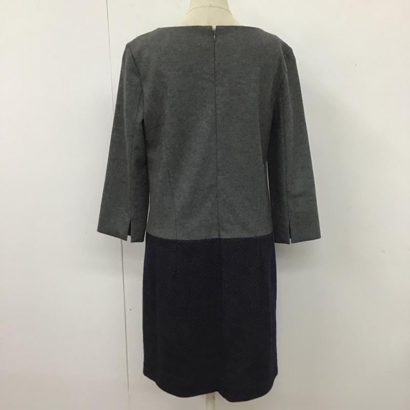 アンタイトル UNTITLED ワンピース ひざ丈スカート AD153-55428JJ 七分袖 ドッキング 後ろファスナー ヘリンボーン 2 無地 灰 / グレー / X 紺 / ネイビー /  レディース USED 古着 中古 10111080