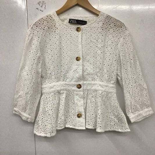 ザラ ZARA シャツ、ブラウス 七分袖 3046 066 251 五分袖 ノーカラー ペプラム タグ付き S 刺繍 白 / ホワイト /  レディース USED 古着 中古 10129178