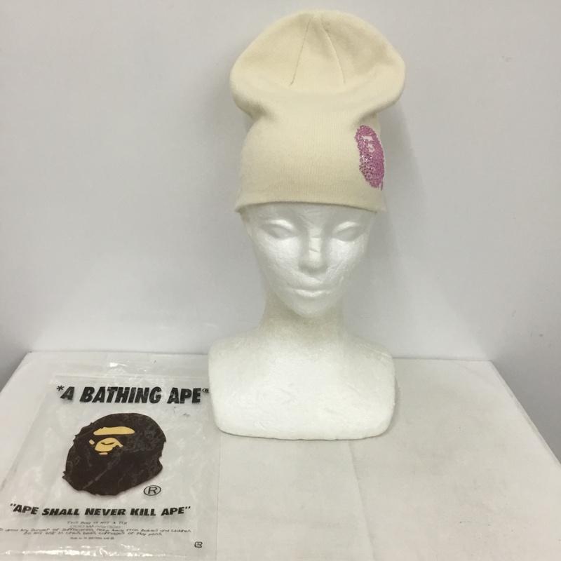 アベイシングエイプ A BATHING APE 帽子 ニット帽 CRYSTAL APE HEAD BEANIE ラインストーン ワンポイント オフホワイト / オフホワイト /  メンズ USED 古着 中古 10138490