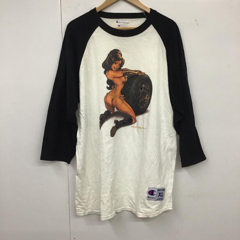 エロスティカ EROSTiKA カットソー 長袖 長袖カットソー プリントカットソー クルーネック ラグラン champion XL プリント 白 / ホワイト / X 黒 / ブラック /  メンズ USED 古着 中古 10134654