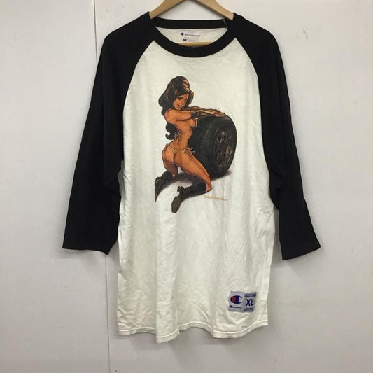 エロスティカ EROSTiKA カットソー 長袖 長袖カットソー プリントカットソー クルーネック ラグラン champion XL プリント 白 / ホワイト / X 黒 / ブラック /  メンズ USED 古着 中古 10134654