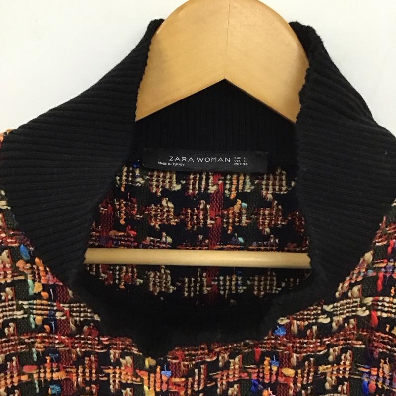 ザラ ZARA ニット、セーター 長袖 4886 264 330 フリンジ ツイード スタンドネック L チェック マルチカラー / マルチカラー /  レディース USED 古着 中古 10131313