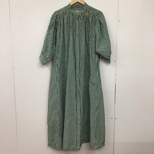 ニコアンド niko and... ワンピース ロングスカート 長袖シャツワンピース 前開きシャツ ノーカラーシャツ M ストライプ 緑 / グリーン /  レディース USED 古着 中古 10134218