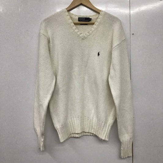 ポロバイラルフローレン Polo by RALPH LAUREN ニット、セーター 長袖 長袖ニットカットソー Vネック セーター M ロゴ、文字 白 / ホワイト /  メンズ USED 古着 中古 10141738