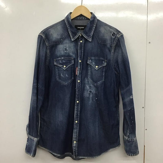 ディースクエアード2 DSQUARED2 シャツ、ブラウス 長袖 長袖シャツ デニムシャツ カラーシャツ ダメージ加工 インディゴ / インディゴ /  メンズ USED 古着 中古 10138729