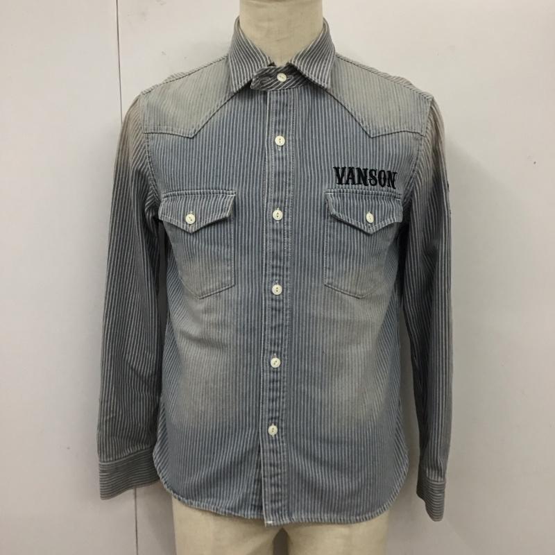 ヴァンソン VANSON シャツ、ブラウス 長袖 長袖シャツ カラーシャツ ポケットシャツ 長袖カットソー ストライプシャツ M ロゴ、文字 インディゴ / インディゴ /  メンズ USED 古着 中古 10120035