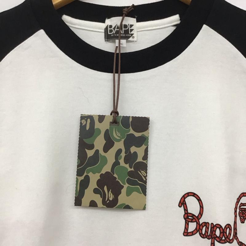 ベイプ BAPE カットソー 長袖 長袖カットソー プリントカットソー クルーネック ラグラン L プリント 白 / ホワイト / X 黒 / ブラック /  メンズ USED 古着 中古 10141230