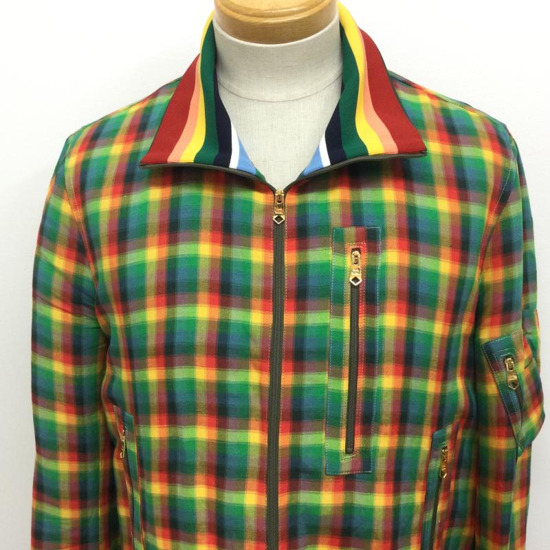 ポールスミス Paul Smith ジャケット、上着 ジャンパー、ブルゾン 173104 麻・レーヨン混 マドラスチェック柄 マルチストライプ トラックジャケット ライトアウター XL チェック X ストライプ 赤 / レッド / red X 緑 / グリーン / green X 黄 / イエロー / yellow メンズ USED 古着 中古 50098947