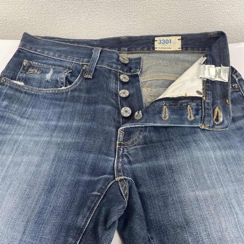 ジースターロゥ G-STAR RAW パンツ デニム、ジーンズ 3301 ストレート ジーンズ デニム テーパード ストレッチ ボタンフライ 501210282 28インチ ロゴ、文字 X 刺繍 インディゴ / インディゴ / Indigo メンズ USED 古着 中古 50100961