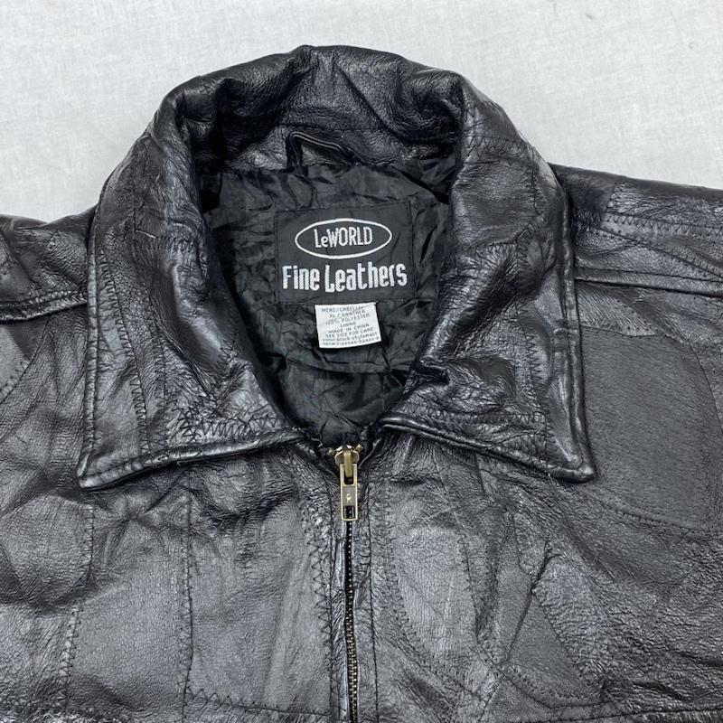 レザー レザー ジャケット、上着 レザージャケット LeWORLD Fine Leathers パッチワーク ツギハギ レザージャケット 革ジャン シングル ライダース 本革 BLK XL XL 無地 黒 / ブラック / black メンズ USED 古着 中古 50101051