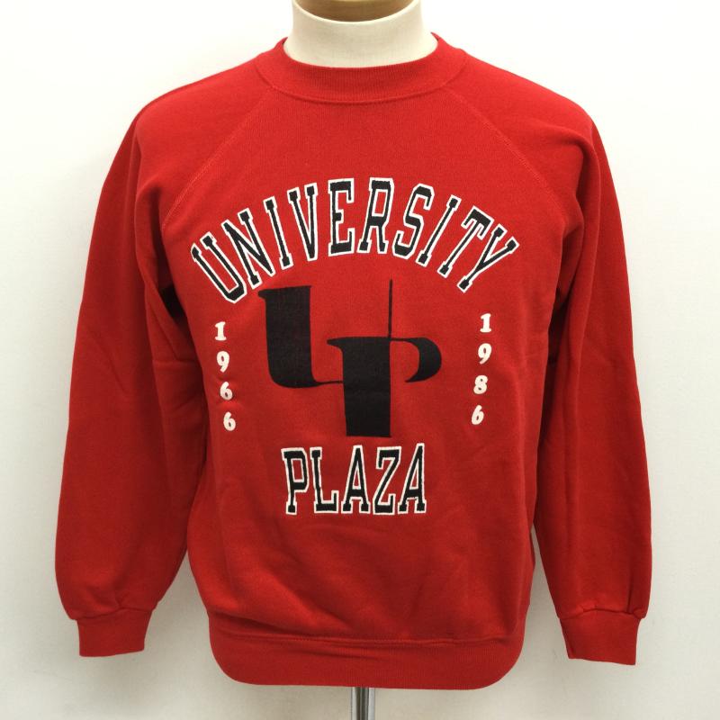 ヘインズ HANES トレーナー 長袖 80 s～90’s USA製 ラグランスリーズ スウエット UNIVERSITY PLAZAロゴプリント ヴィンテージ トレーナー M ロゴ、文字 赤 / レッド / red メンズ USED 古着 中古 50108415