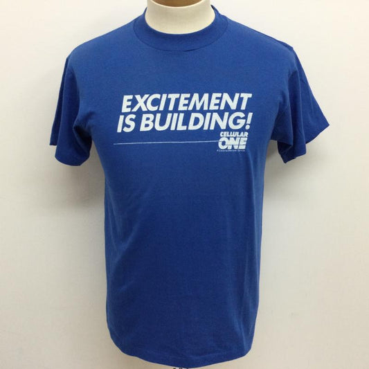 ヘインズ HANES Tシャツ 半袖 90’s USA製 Fifty-Fifty 半袖Tシャツ EXCITEMENT IS BUILDINGロゴプリント ヴィンテージ TEE M ロゴ、文字 青 / ブルー / blue メンズ USED 古着 中古 50108916