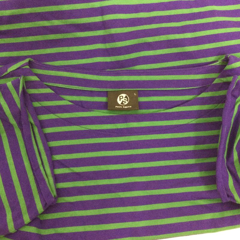 ピーエスポールスミス PS Paul Smith Tシャツ 半袖 26510 ボートネック ボーダー柄 半袖Tシャツ 袖・裾口カットオフ L ボーダー柄 緑 / グリーン / green X 紫 / パープル / purple メンズ USED 古着 中古 50113638
