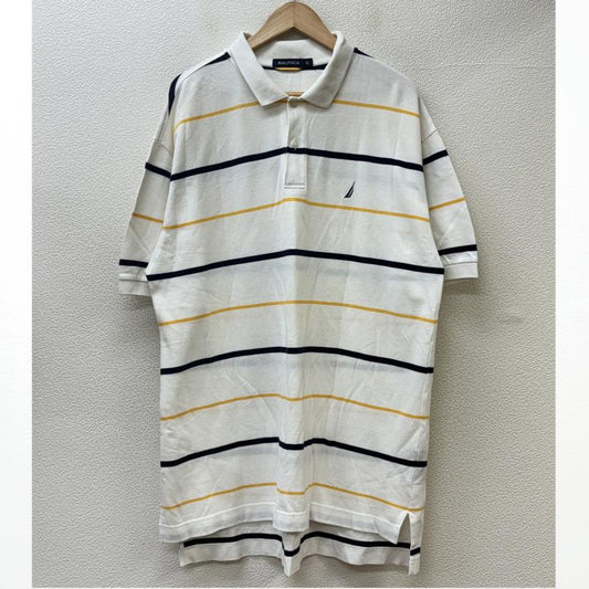 ノーティカ NAUTICA ポロシャツ 半袖 ビッグサイズ ボーダー柄 ロゴ ワンポイント 刺繍 鹿の子 XL 白 / ホワイト / white メンズ USED 古着 中古 50114391