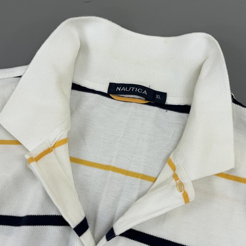 ノーティカ NAUTICA ポロシャツ 半袖 ビッグサイズ ボーダー柄 ロゴ ワンポイント 刺繍 鹿の子 XL 白 / ホワイト / white メンズ USED 古着 中古 50114391