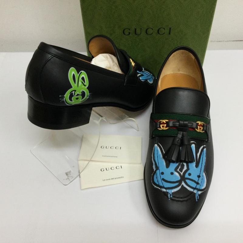 グッチ GUCCI ローファー ローファー 732262 Loafer Web Interlocking G Black Neon Bunny Motifs うさぎ バニープリント ローファー 箱付 サイズ 6 25.0cm 無地 X キャラクター 黒 / ブラック / black メンズ USED 古着 中古 50115973