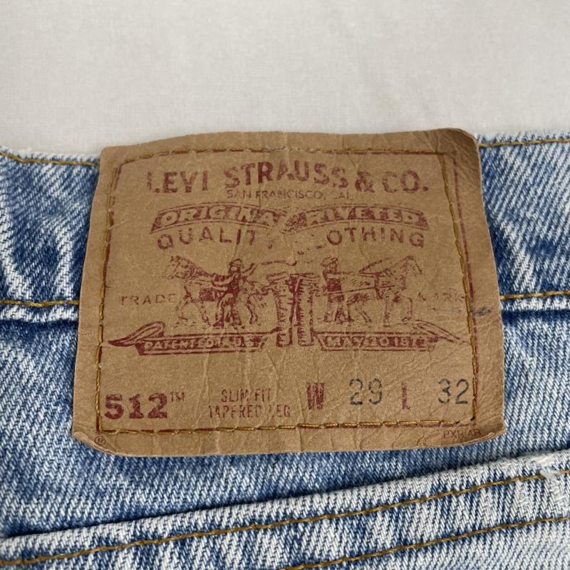 リーバイス Levi s パンツ デニム、ジーンズ 512 ウォッシュ クラッシュ ダメージ デニム パンツ スリムフィット USA製 29インチ ダメージ加工 X ロゴ、文字 インディゴ / インディゴ / Indigo メンズ USED 古着 中古 50116582