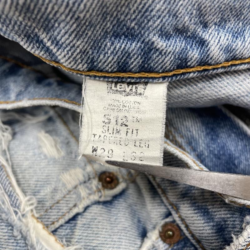 リーバイス Levi s パンツ デニム、ジーンズ 512 ウォッシュ クラッシュ ダメージ デニム パンツ スリムフィット USA製 29インチ ダメージ加工 X ロゴ、文字 インディゴ / インディゴ / Indigo メンズ USED 古着 中古 50116582