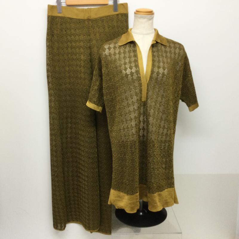 ザラ ZARA スーツ パンツスーツ メタリック ジャガードニット 半袖ロングポロシャツ＆バギーパンツ セットアップ 上下組　タグ付 L  金 / ゴールド / gold color X 黒 / ブラック / black レディース USED 古着 中古 50118133