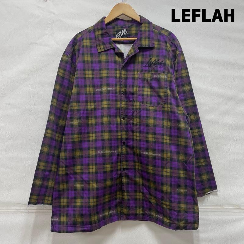レフラー LEFLAH シャツ、ブラウス 長袖 オープンカラー 開襟 カットオフ ビッグサイズ XXL チェック X ロゴ、文字 X ダメージ加工 紫 / パープル / purple メンズ USED 古着 中古 50118389