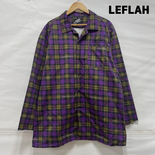 レフラー LEFLAH シャツ、ブラウス 長袖 オープンカラー 開襟 カットオフ ビッグサイズ XXL チェック X ロゴ、文字 X ダメージ加工 紫 / パープル / purple メンズ USED 古着 中古 50118389