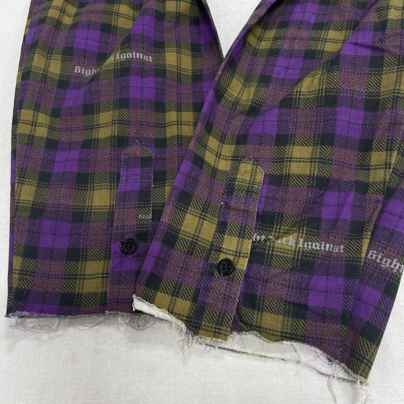 レフラー LEFLAH シャツ、ブラウス 長袖 オープンカラー 開襟 カットオフ ビッグサイズ XXL チェック X ロゴ、文字 X ダメージ加工 紫 / パープル / purple メンズ USED 古着 中古 50118389