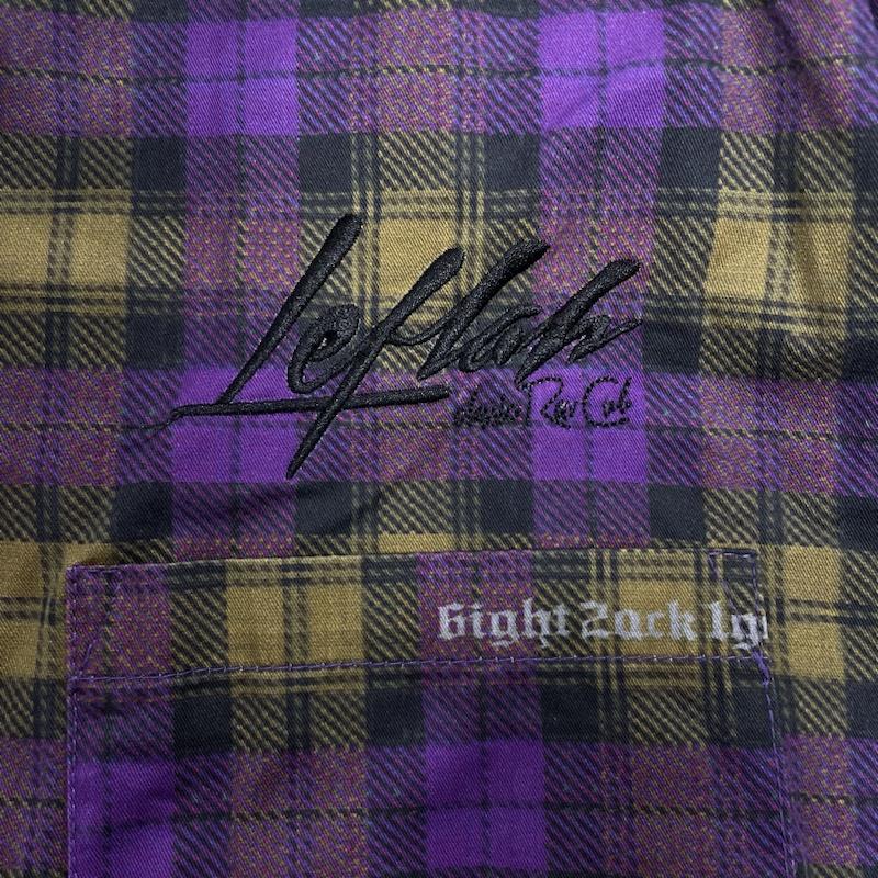 レフラー LEFLAH シャツ、ブラウス 長袖 オープンカラー 開襟 カットオフ ビッグサイズ XXL チェック X ロゴ、文字 X ダメージ加工 紫 / パープル / purple メンズ USED 古着 中古 50118389