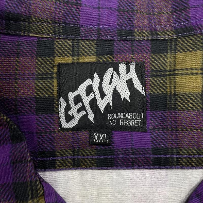 レフラー LEFLAH シャツ、ブラウス 長袖 オープンカラー 開襟 カットオフ ビッグサイズ XXL チェック X ロゴ、文字 X ダメージ加工 紫 / パープル / purple メンズ USED 古着 中古 50118389